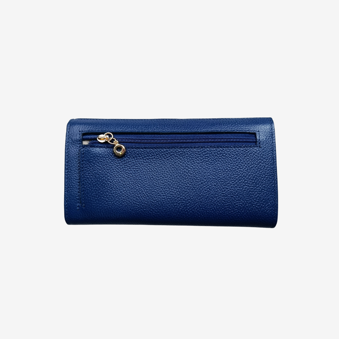 Billetera larga en cuero para mujer color azul marino