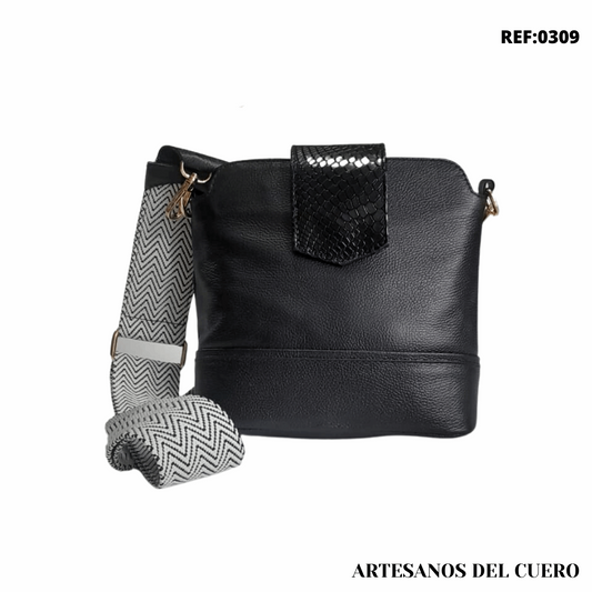 Manos libres de mujer mediano en color negro con correa en reata negra x blanco, elaborado en cuero genuino
