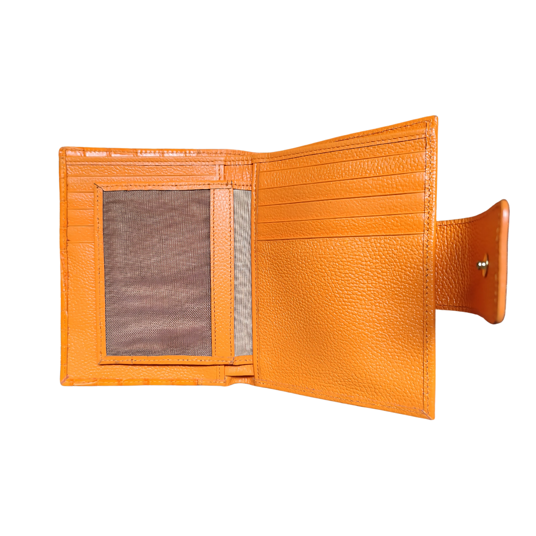 Billetera porta pasaporte en cuero color naranja combinado con folia y cuero liso Ragazza