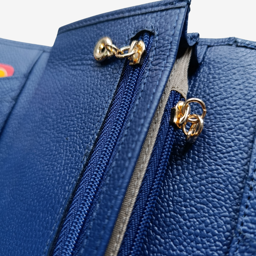 Billetera larga en cuero para mujer color azul marino 