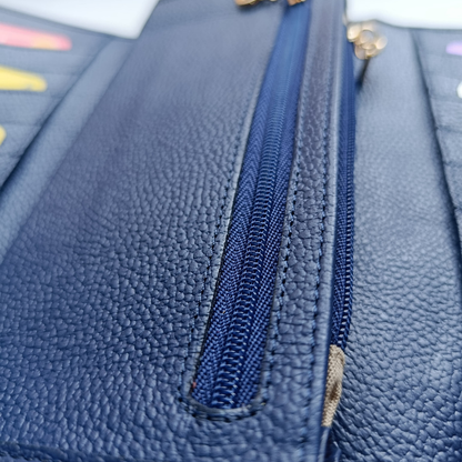 Billetera larga en cuero para mujer color azul marino 