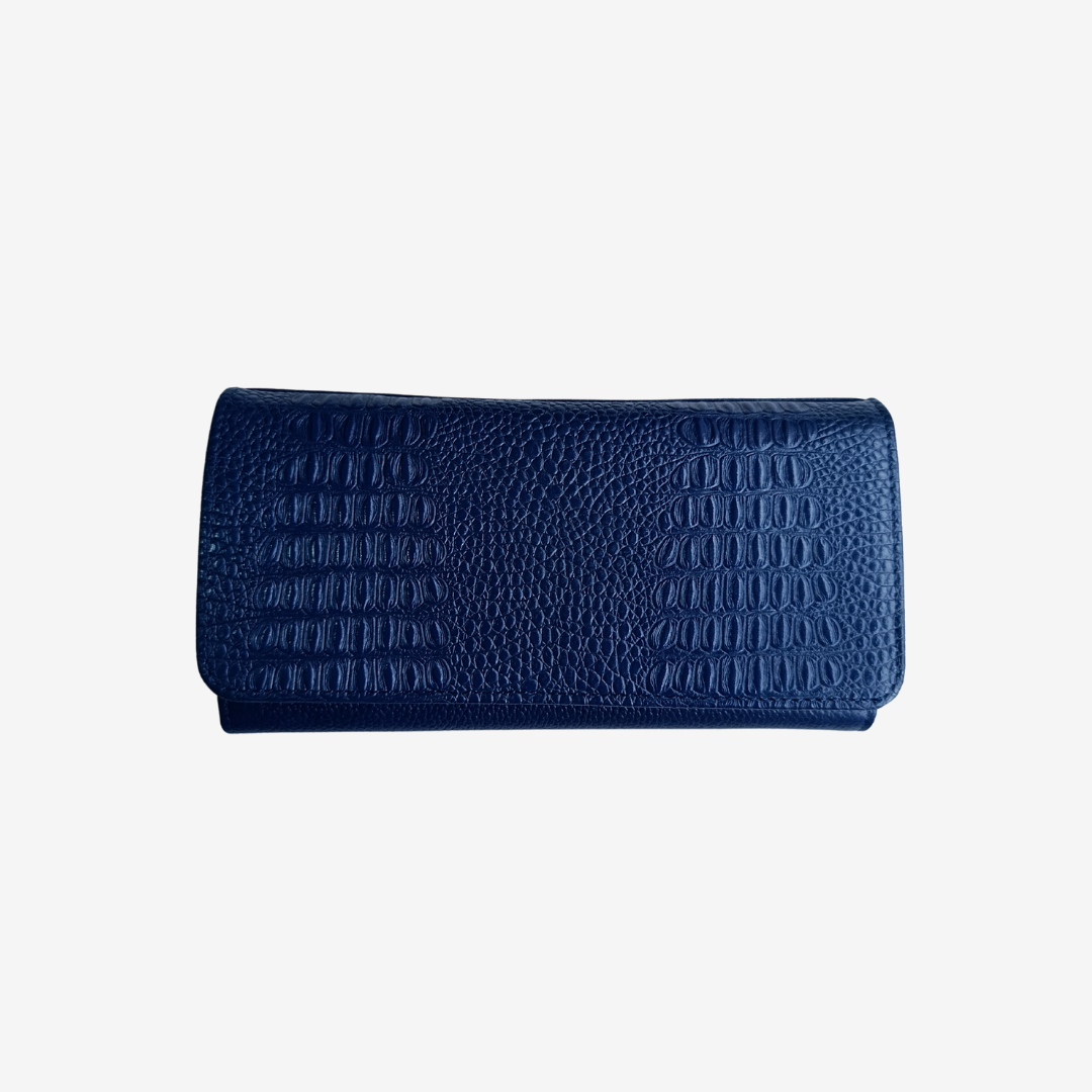 Billetera larga en cuero para mujer color azul marino 
