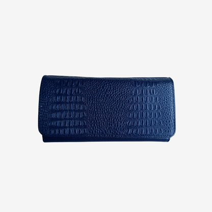 Billetera larga en cuero para mujer color azul marino 