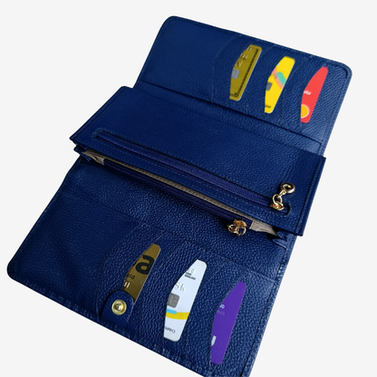 Billetera larga en cuero para mujer color azul marino 