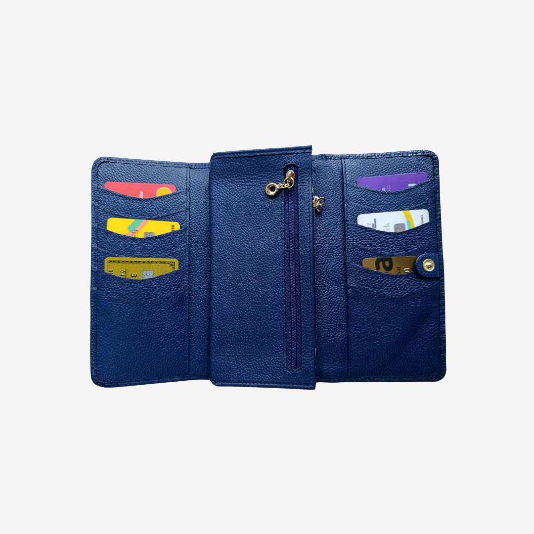 Billetera larga en cuero para mujer color azul marino 