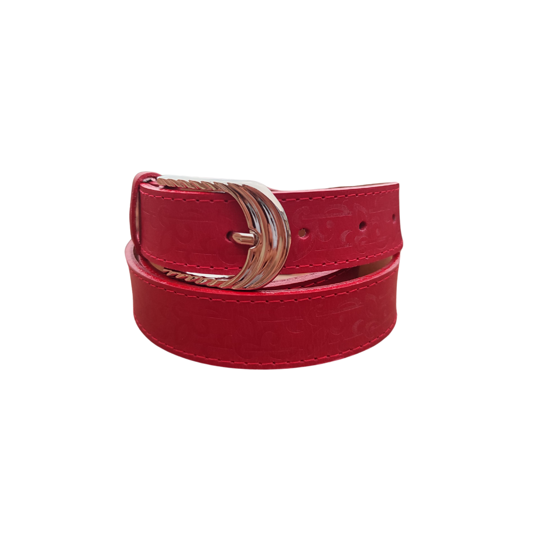 Cinturon para dama en cuero color rojo con diseño floral